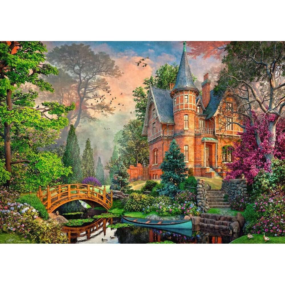 Fantasy house with a bridge and garden in a colorful landscape