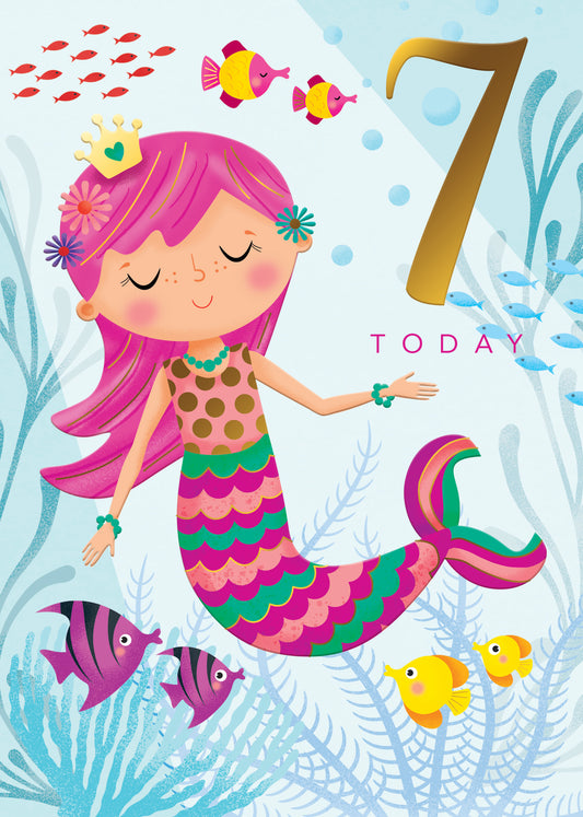 Happy Birthday Card & Envelope Girl Age 7 - Mermaid