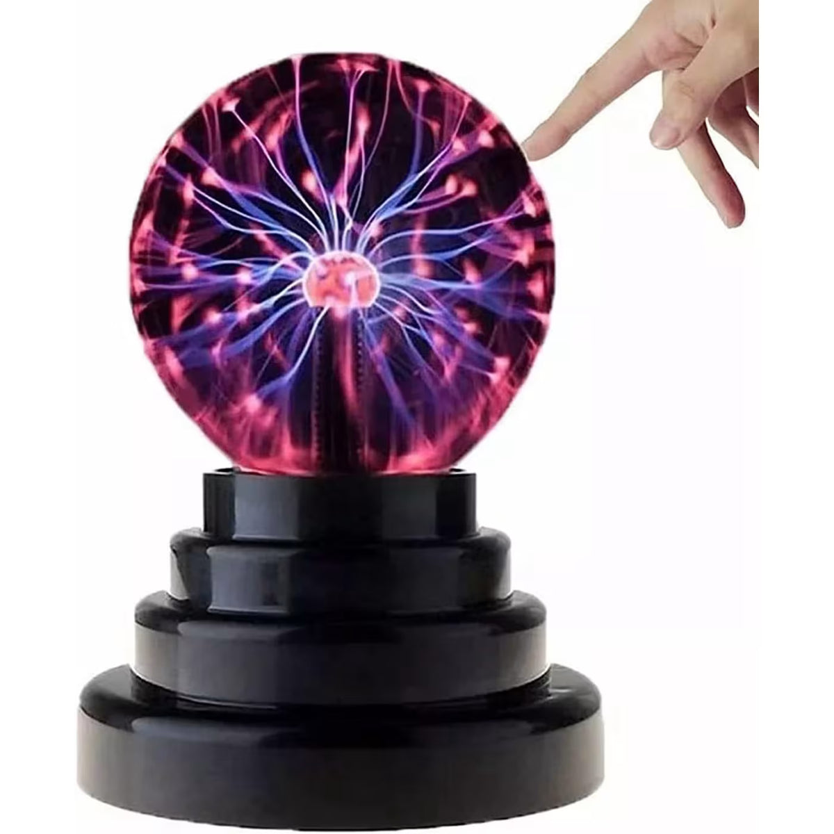 Plasma ball with colorful lightning effects on a black base, being touched by a hand.