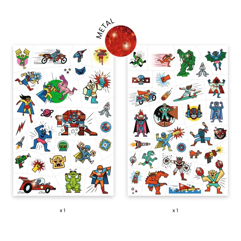 Two sheets of superhero-themed temporary tattoos with various designs on a white background.