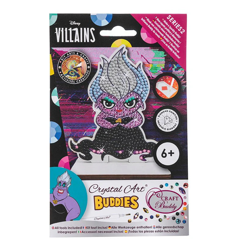 Packaging of Crystal Art Buddies Villains toy with colorful design and character illustration.