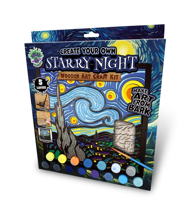 Starry Night themed wooden art craft kit packaging with paint palette and tree design.