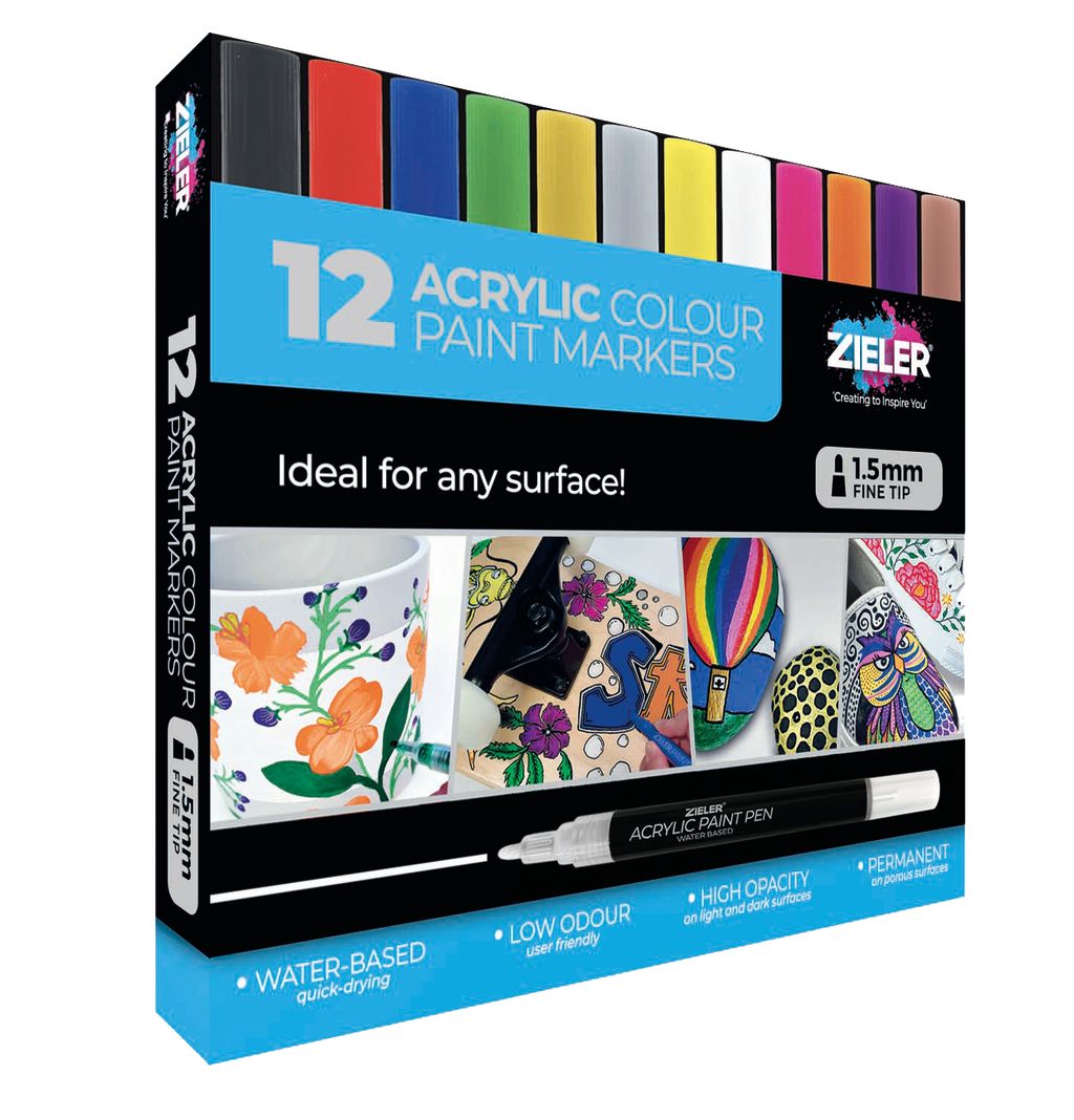 Zieler Acrylic Colour Paint Markers - 1.5mm Fine Tip (Set of 12)