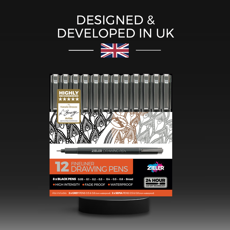 Zieler 12 Fineliner Drawing Pens - Black, Sepia, Grey