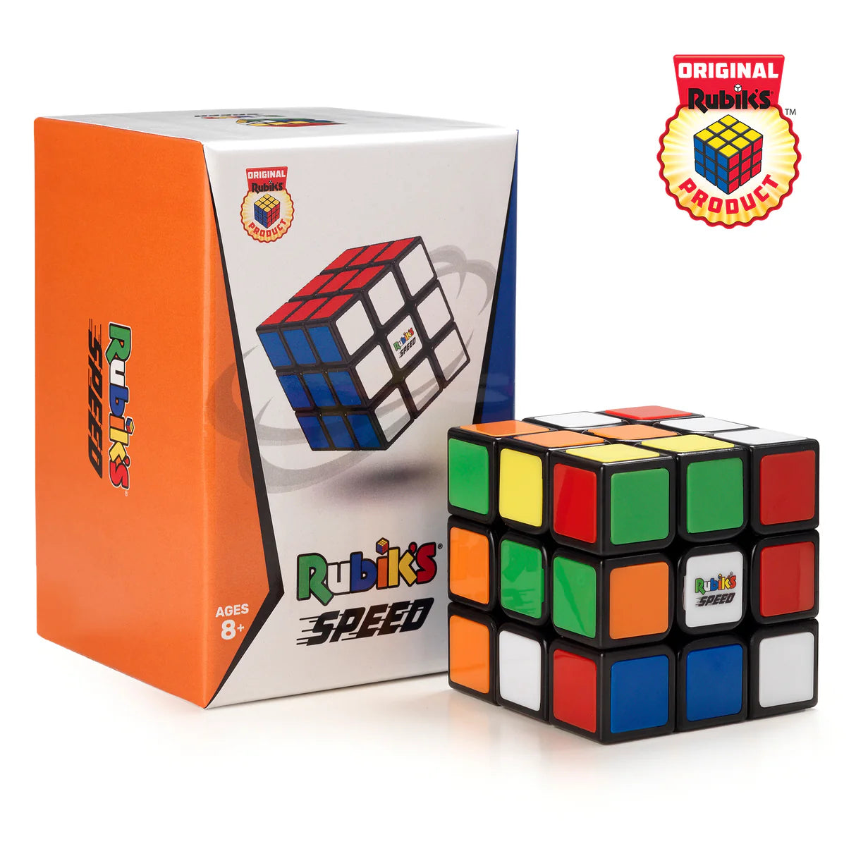 Rubik's Speed cube with packaging and Rubik's logo on a white background