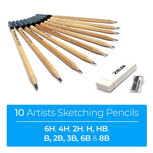 Artists Pencil Sketching Set – 10 Graded Pencils, Eraser & Metal Sharpener