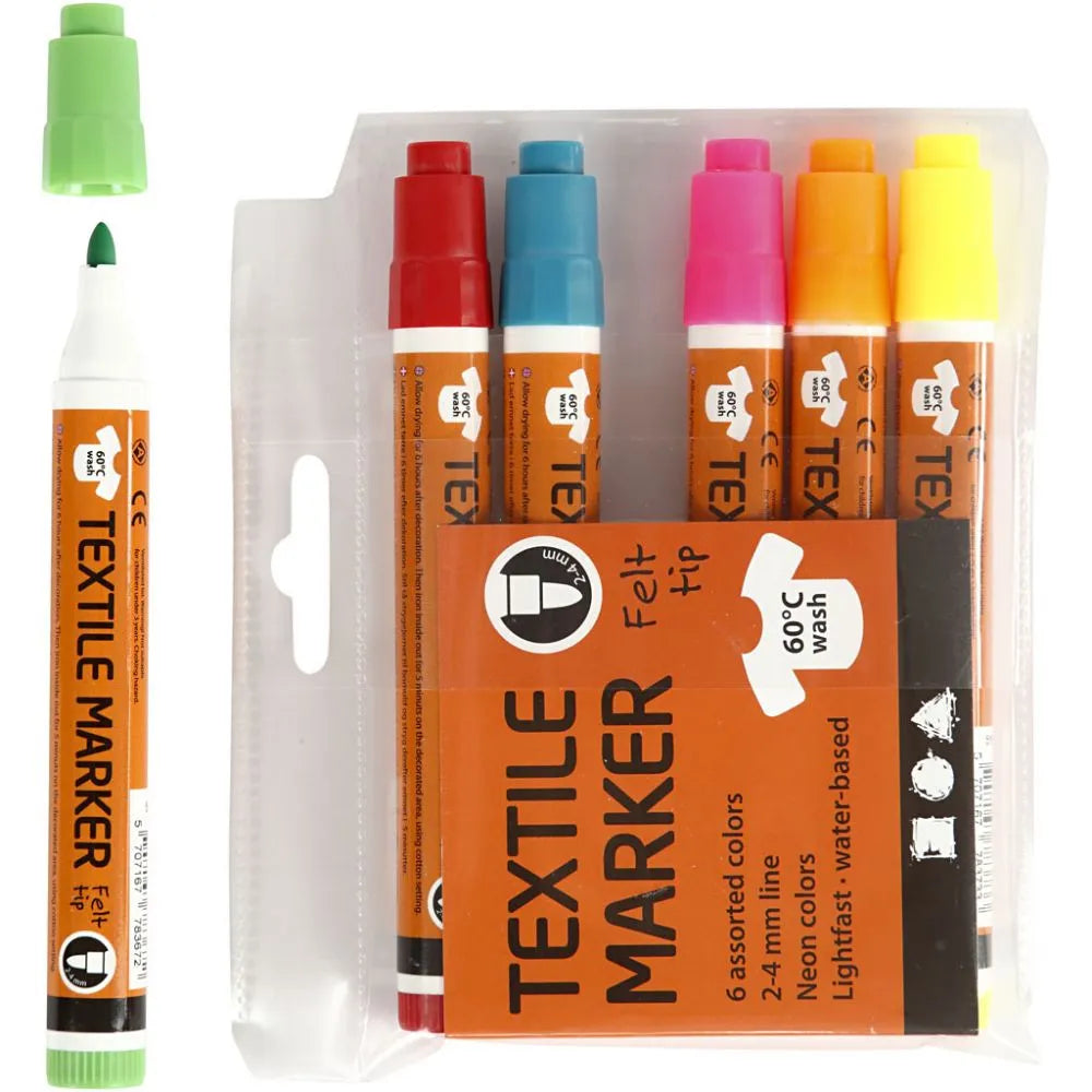 Textile Markers line 2-4 mm - Neon Colours (6 Pack)