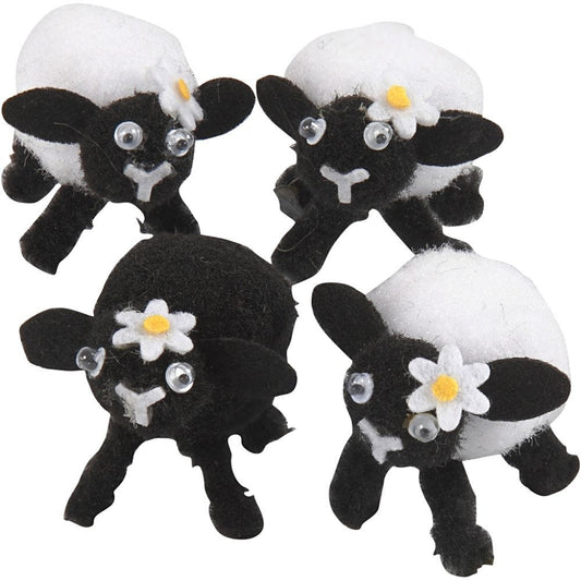 Easter lambs, black, white, H: 35 mm, 4 pc/ 1 pack