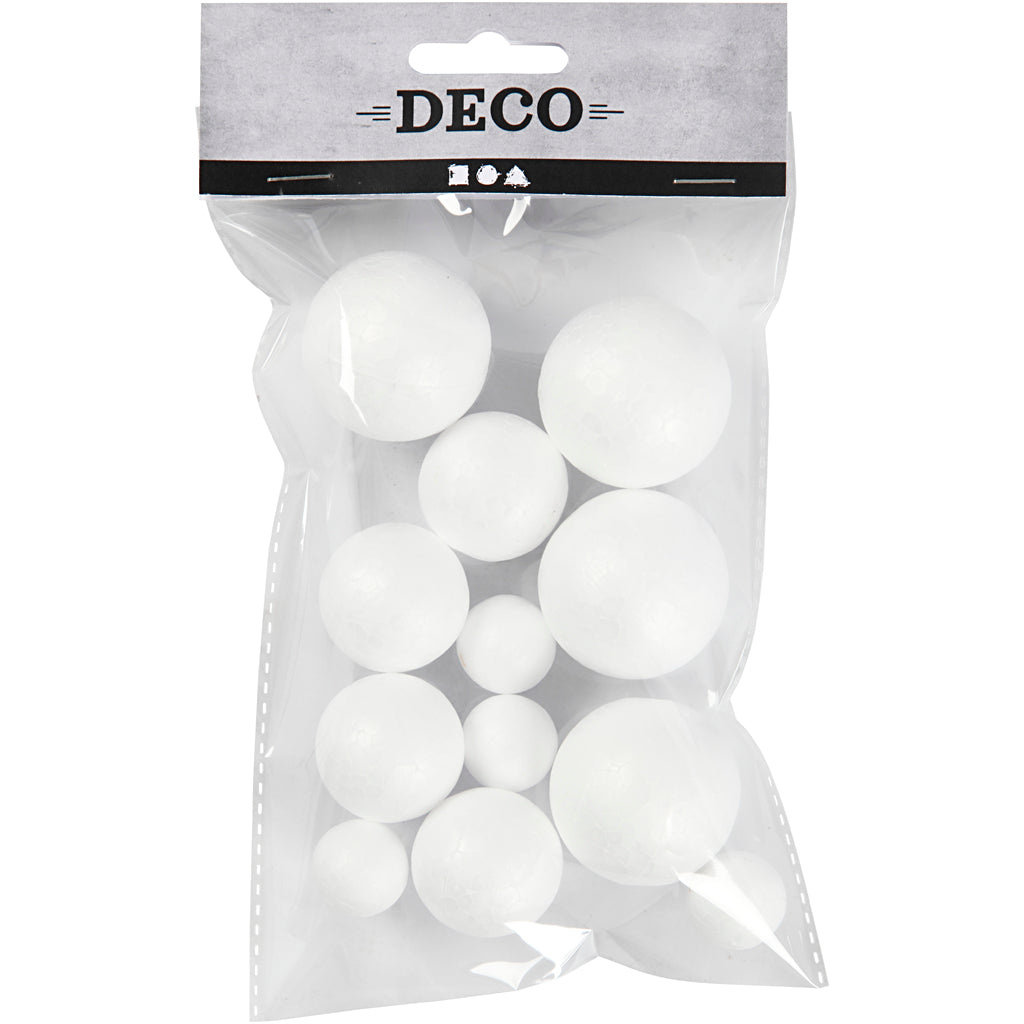 Polystyrene Balls, D: 20+30+40 mm, 12 pcs, white