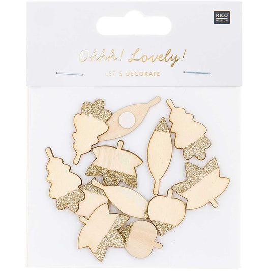 WOODEN STICKERS LEAVES MIX WITH GLITTER GOLD 
