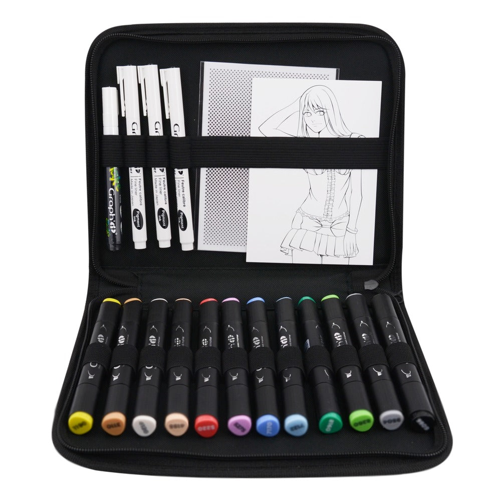 GRAPHIT Fine & Chisel Tip Alcohol Marker - Manga Essential Set