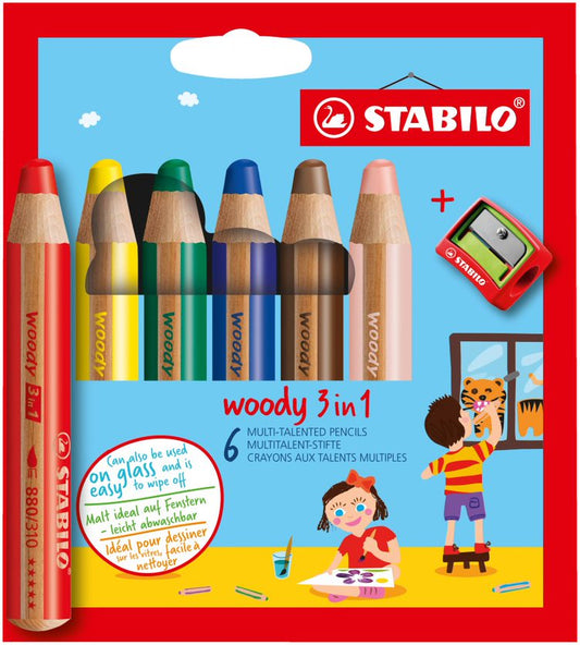 Multi-talented Pencil STABILO woody 3-in-1 - Wallet of 6 - Assorted Colours + Sharpener