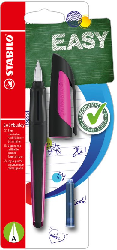 Ergonomic School Fountain Pen - STABILO EASYbuddy - A Nib - Black/Magenta