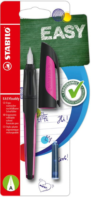 Ergonomic School Fountain Pen - STABILO EASYbuddy - A Nib - Black/Magenta 