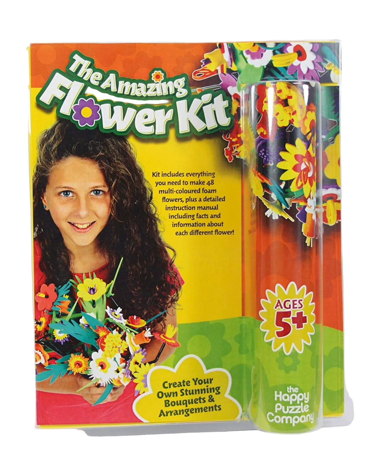 Packaging of 'The Amazing Flower Kit' featuring a young girl with a bouquet of colorful artificial flowers, and the product visible in a clear window showing the box and contents.
