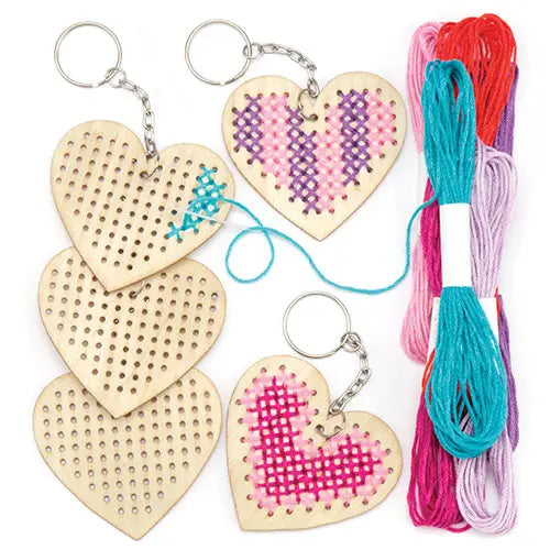 Heart Wooden Cross Stitch Keyring Kits (Pack Of 5)