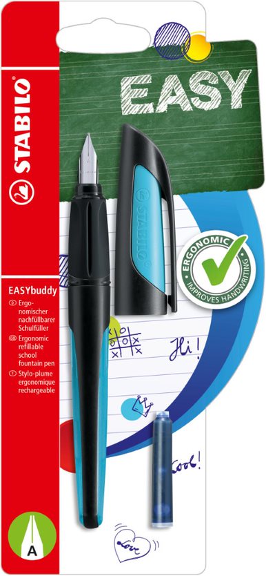 Ergonomic School Fountain Pen - STABILO EASYbuddy - A Nib - Black/Sky Blue