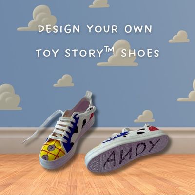 Toy Story themed shoes on a sky background