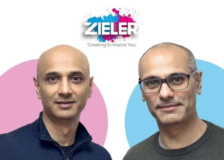 A picture of two men who founded Zieler on a white background with pink and blue circles