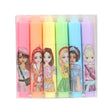 Set of colorful highlighters with cartoon character designs on a white background