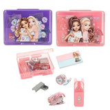 Set of stationery items including a pink pencil case, tape, and clips with cartoon characters on a white background.