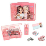 Pink stationery set with cartoon characters on a white background