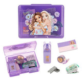 Purple stationery set with a top model tin and various items on a white background