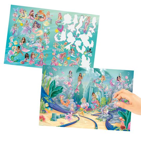 Mermaid-themed sticker sheets with a hand holding a sticker on a white background