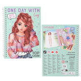 Top Model notebook with a character on the cover and a grid of images on the back.