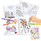 Coloring book with animal illustrations, stickers, and coloring tools on a white background