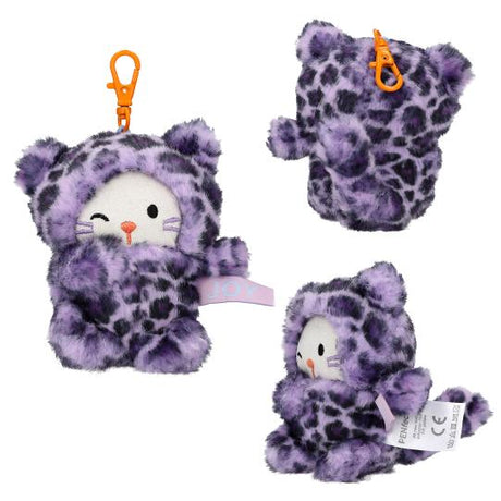 Three views of a purple and black leopard-print plush cat keychain pouch with a white cat face, orange snap clasp, and pink ribbon, shown on a white background.