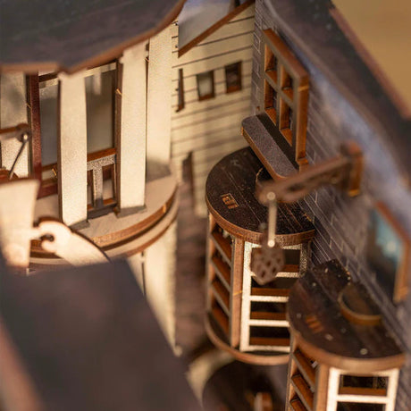 Close-up of a detailed model of a building with wooden textures and architectural elements.