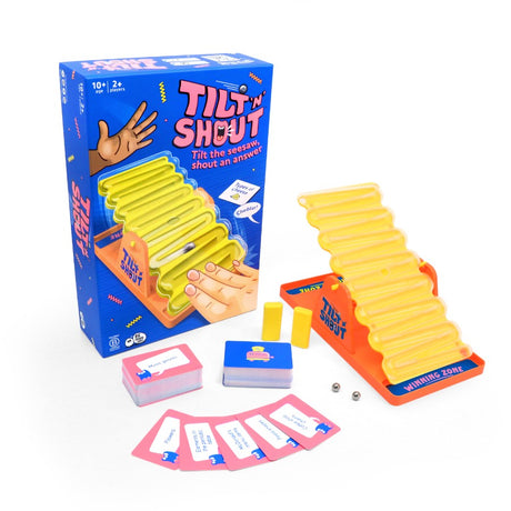 Tilt 'N Shout game set with packaging, cards, and components on a white background