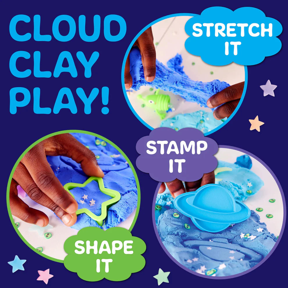 Promotional image for cloud clay play with text and images of hands interacting with blue clay.