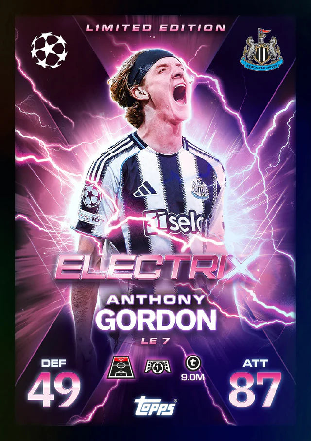 Limited edition sports trading card featuring a soccer player with electric effects and team logos.