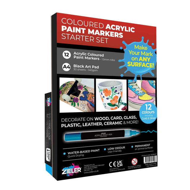 Zieler 12 Paint Marker Pens 1.5mm with A4 Black Paper Pad Set