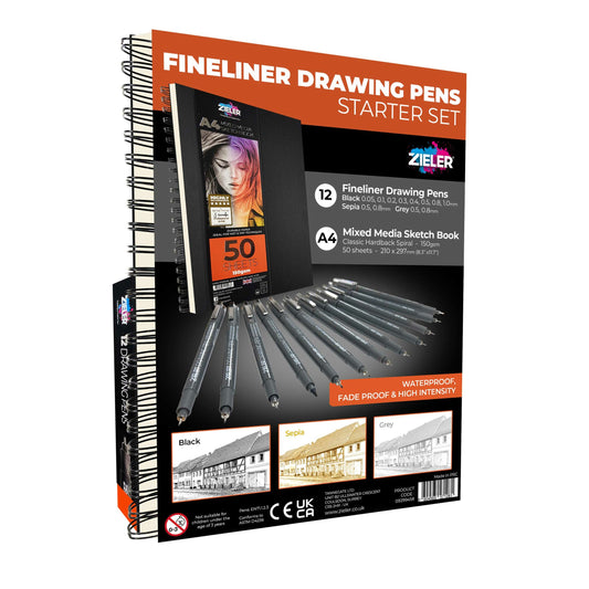 Zieler 12 Fineliner & A4 Spiral Sketchbook Drawing Pens Starter Set 