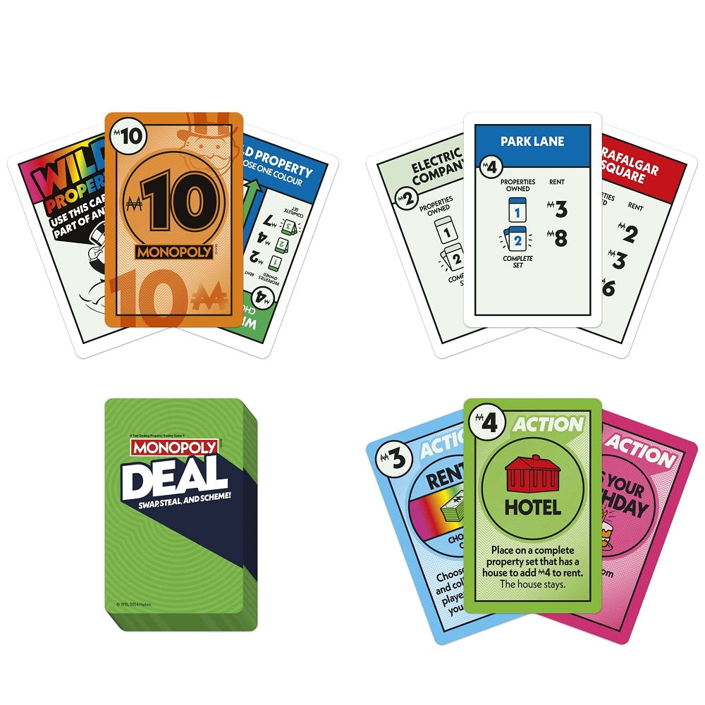 Monopoly game cards and box on a white background