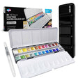 Zieler 24 metallic half pan water colour set shown open with the 24 color pans visible, a black multi-pan water color palette stand, a clear water brush, and the retail box on a white background.