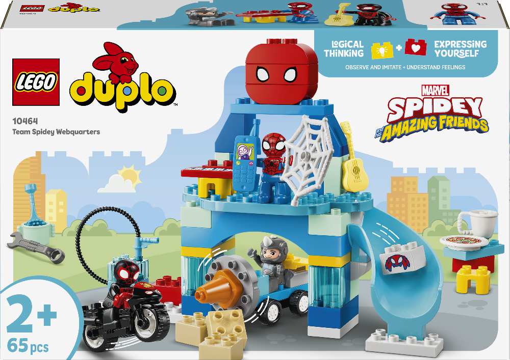 LEGO Duplo Spider-Man set packaging with Spider-Man figure and cityscape background