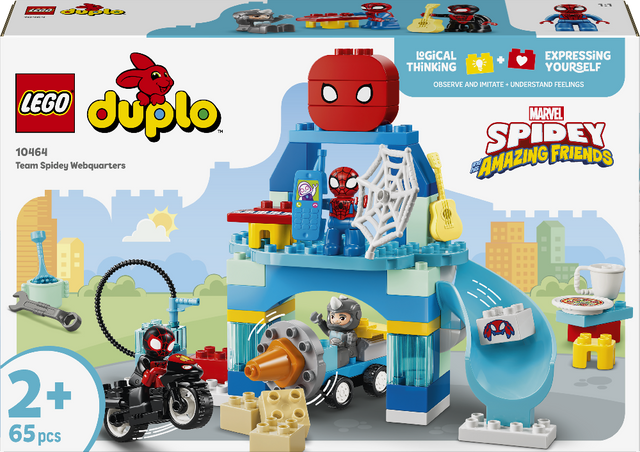 LEGO Duplo Spider-Man set packaging with Spider-Man figure and cityscape background