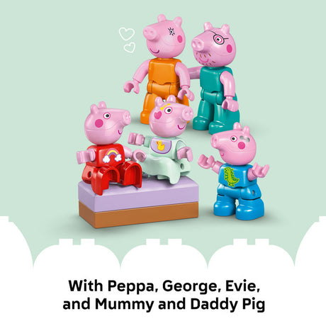 Toy figures of Peppa, George, Evie, Mummy, and Daddy Pig on a light green background.
