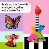 Colorful toy dragon, guitar, and butterfly on a pink and purple gradient background with text.