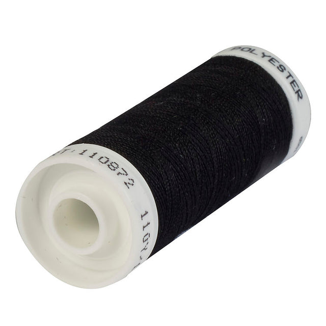 A spool of black polyester sewing thread on a white plastic core, shown at an angle on a plain white background.