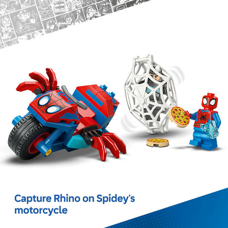 Toy set with Spider-Man character on a motorcycle and spider web, on a white background.