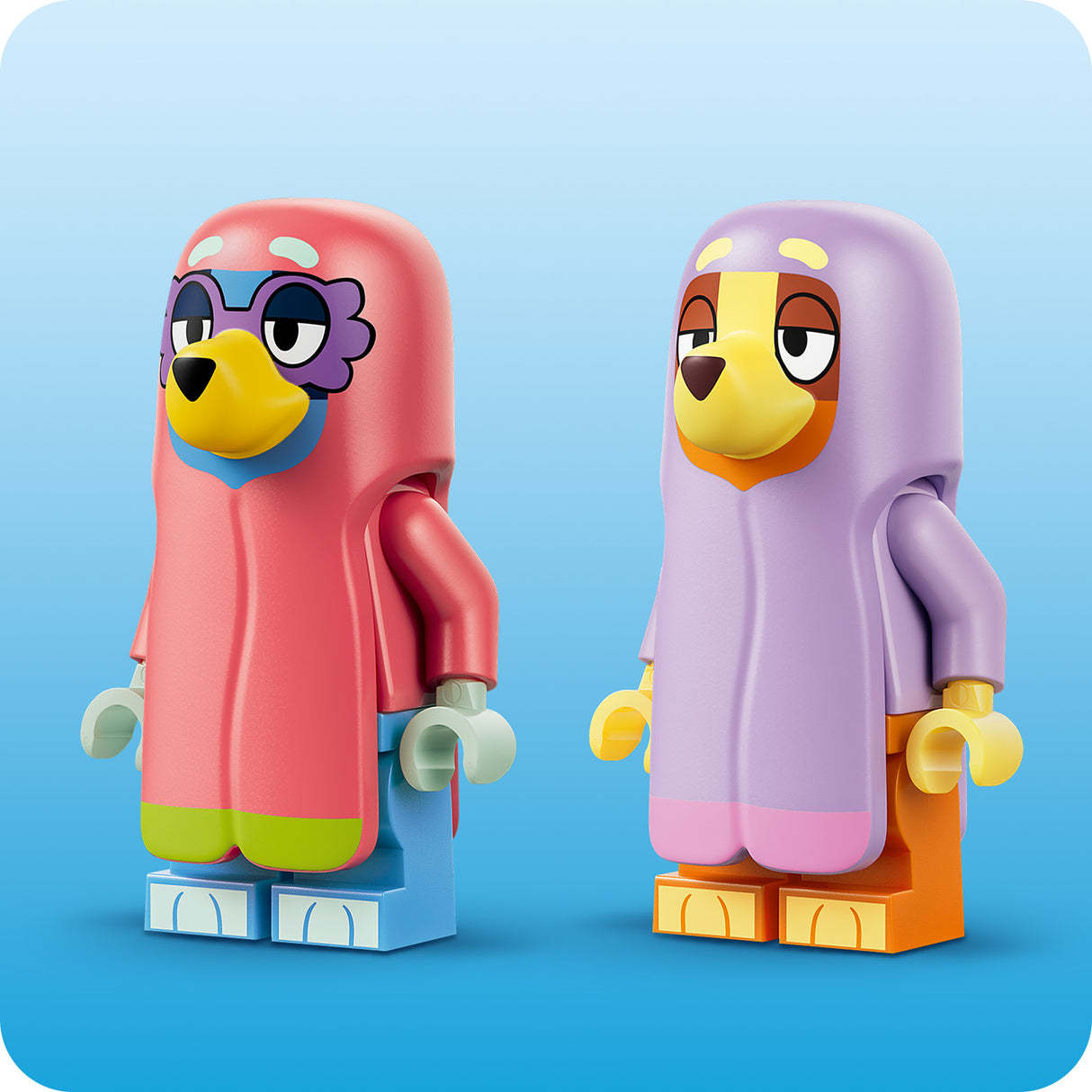 Two colorful LEGO-like figures with pink and purple outfits on a blue background