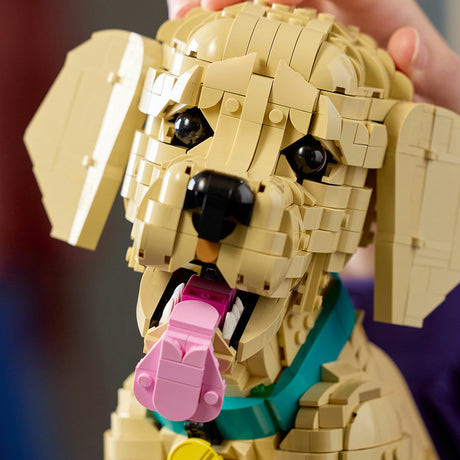 Close-up of a dog-shaped LEGO model with a blurred background