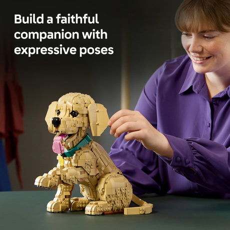 Person building a detailed dog model with expressive poses, sitting next to it.