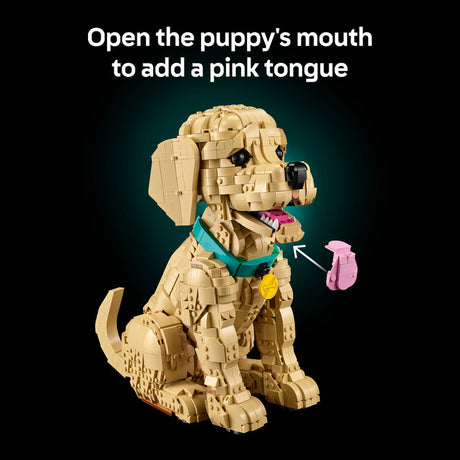 Toy dog figure with a pink tongue attachment on a black background