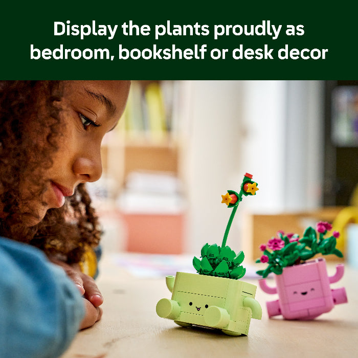 Child looking at LEGO plant figures on a table with text about displaying plants as decor.